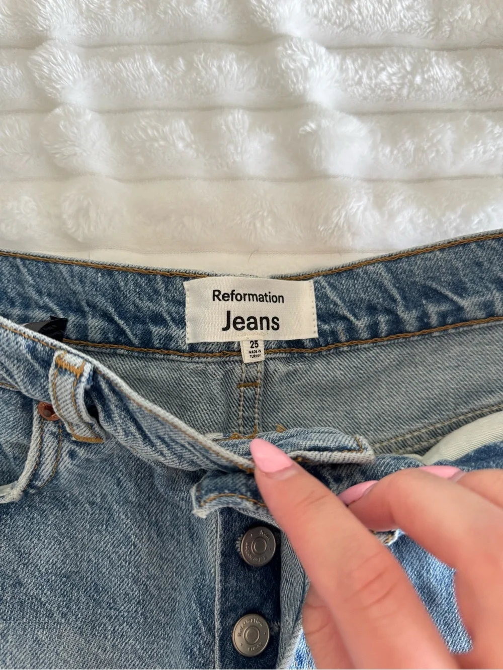 Reformation Light Blue Distressed Denim Shorts